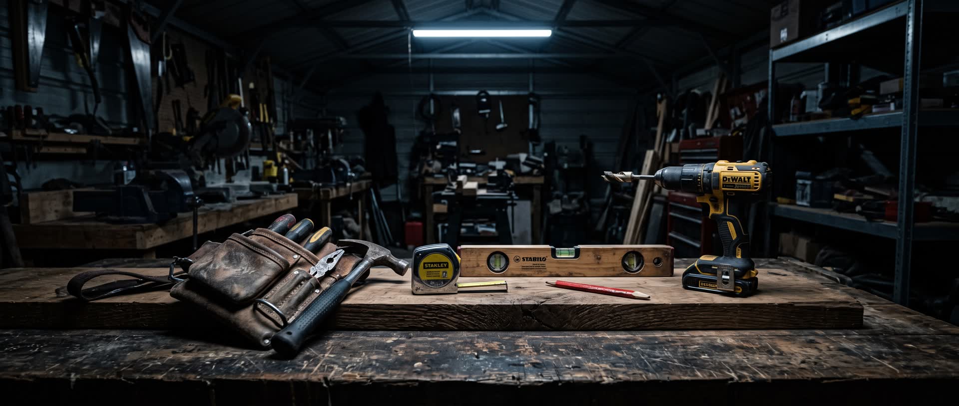 A craftsman's workbench in a dark garage workshop — tool belt, tape measure, level and drill under a single work light