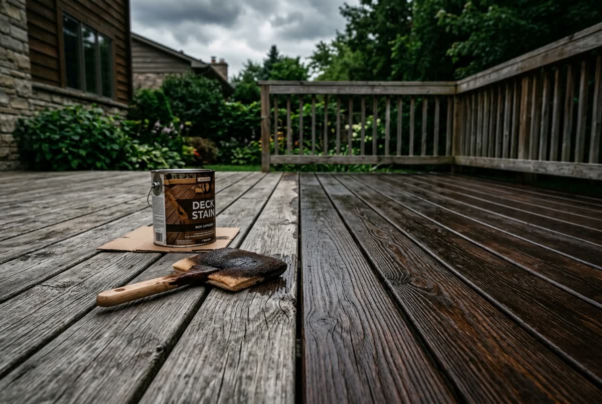 A deck mid-restoration — freshly stained espresso boards against grey weathered ones, stain can and pad on the deck