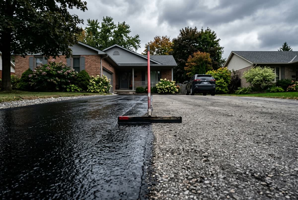 A driveway mid seal-coat — fresh jet-black half against the faded grey half, squeegee at the wet edge