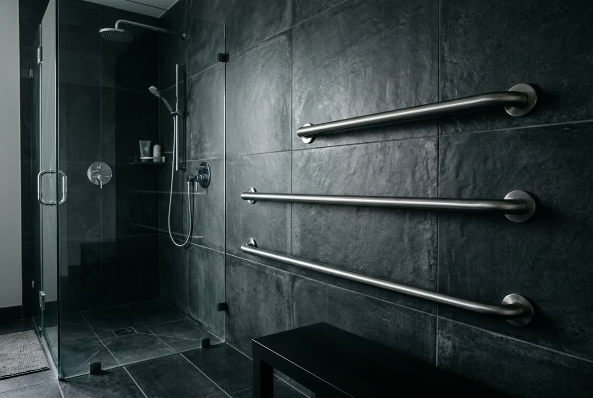 Three brushed steel grab bars installed on dark tile beside a walk-in shower