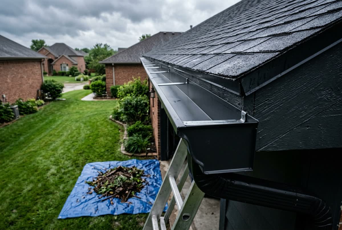 A spotless dark gutter along a roofline with the cleared leaves piled on a tarp on the lawn below