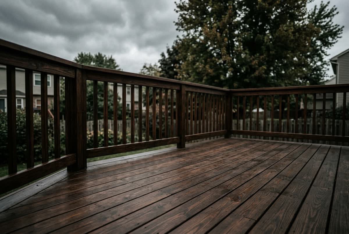 A freshly restored backyard deck with espresso-stained boards under an overcast sky