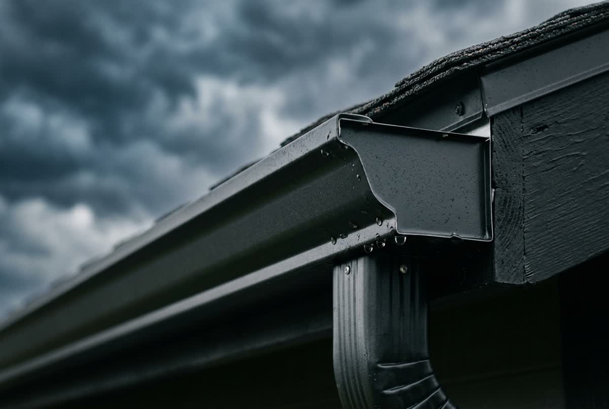 A clean dark aluminum gutter and downspout along a roofline against a stormy sky