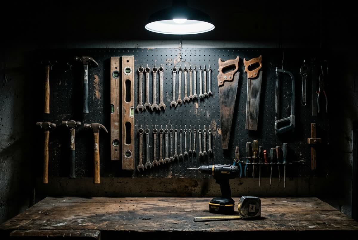 A dark workshop wall of hand tools above a workbench with a drill and tape measure